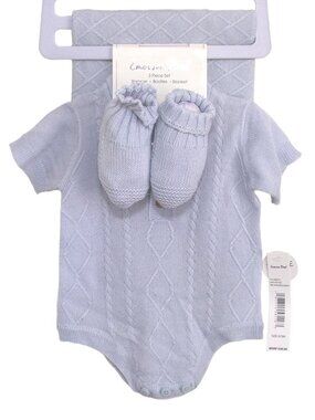 Emerson Road 0/3 Month Dusty Blue Baby Boy Onesie 3 Piece Set Knit NWT Blanket